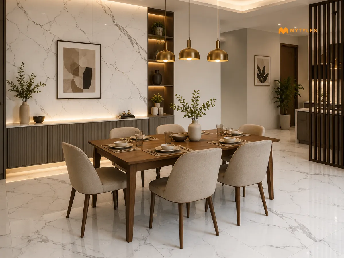 White and Grey Statuario Tiles for a Dining Area